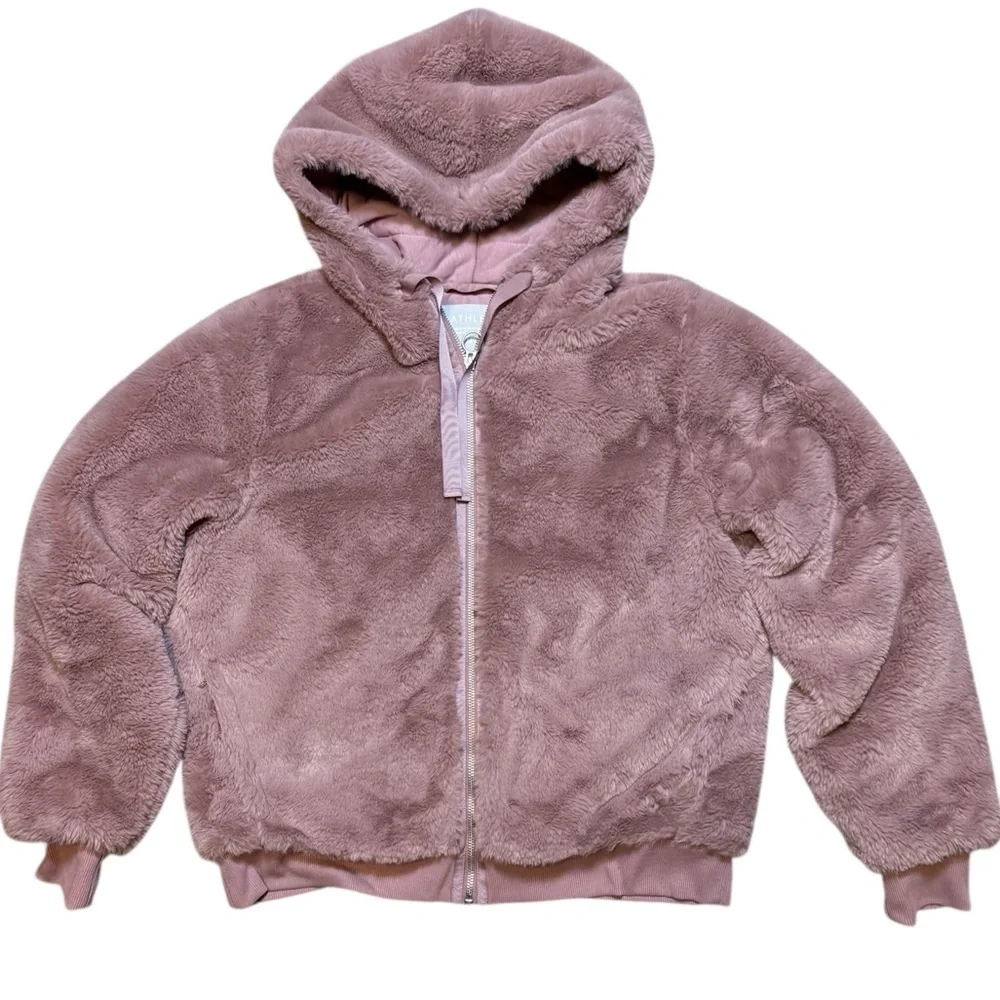 Athleta Ritual Jacket Women’s M Mauve Hooded Faux Fur Full Zip Winter Coat - Picture 2 of 11